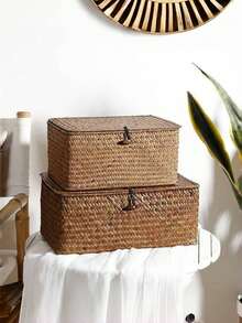 Nordic Style Handwoven Seagrass Storage Box With Lid, Handmade Woven Storage Basket With Cover, Rectangular Storage Box, Creative Space-Saving Storage Box, Suitable For Storing Cosmetics, Stationery, Clothes, Toys, Bathroom Items, Bedroom Items, Living Room Items, Dorm Items, Office Desk Items, Snacks, Jewelry, Also Can Be Used As Back To School Supplies Or Wedding Favor Packaging. - Multicolor - View 8