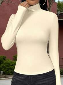 Camiseta de manga larga de cuello alto de unicolor y ajuste ceñido para mujer, adecuada para primavera/otoño/invierno de uso casual - Albaricoque - Ver 5