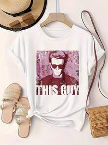 This Guy With Sunglasses And Floral Background Women's Fashionable Print Casual T-Shirt Suitable For All Seasons
-White - 白色 - 查看 2