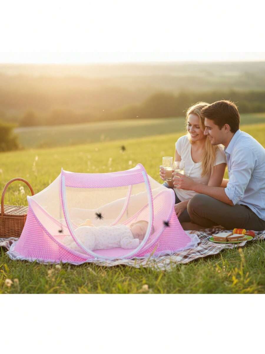 Portable Foldable Moses Basket With Mosquito Net And Mattress - Pink - View 1