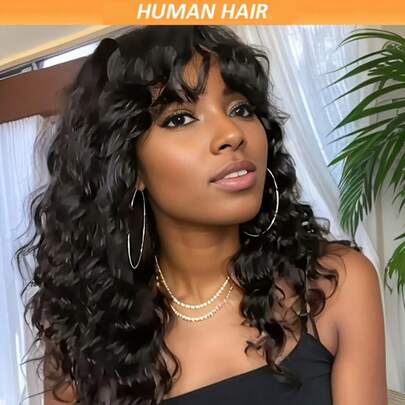 Elegant Water Wave Wig With Bangs For Woman Glueless Wigs Remy Human Hair, Full Machine Made, Non-Lace, Rose Net Cap, Ideal For Daily Wear & Parties