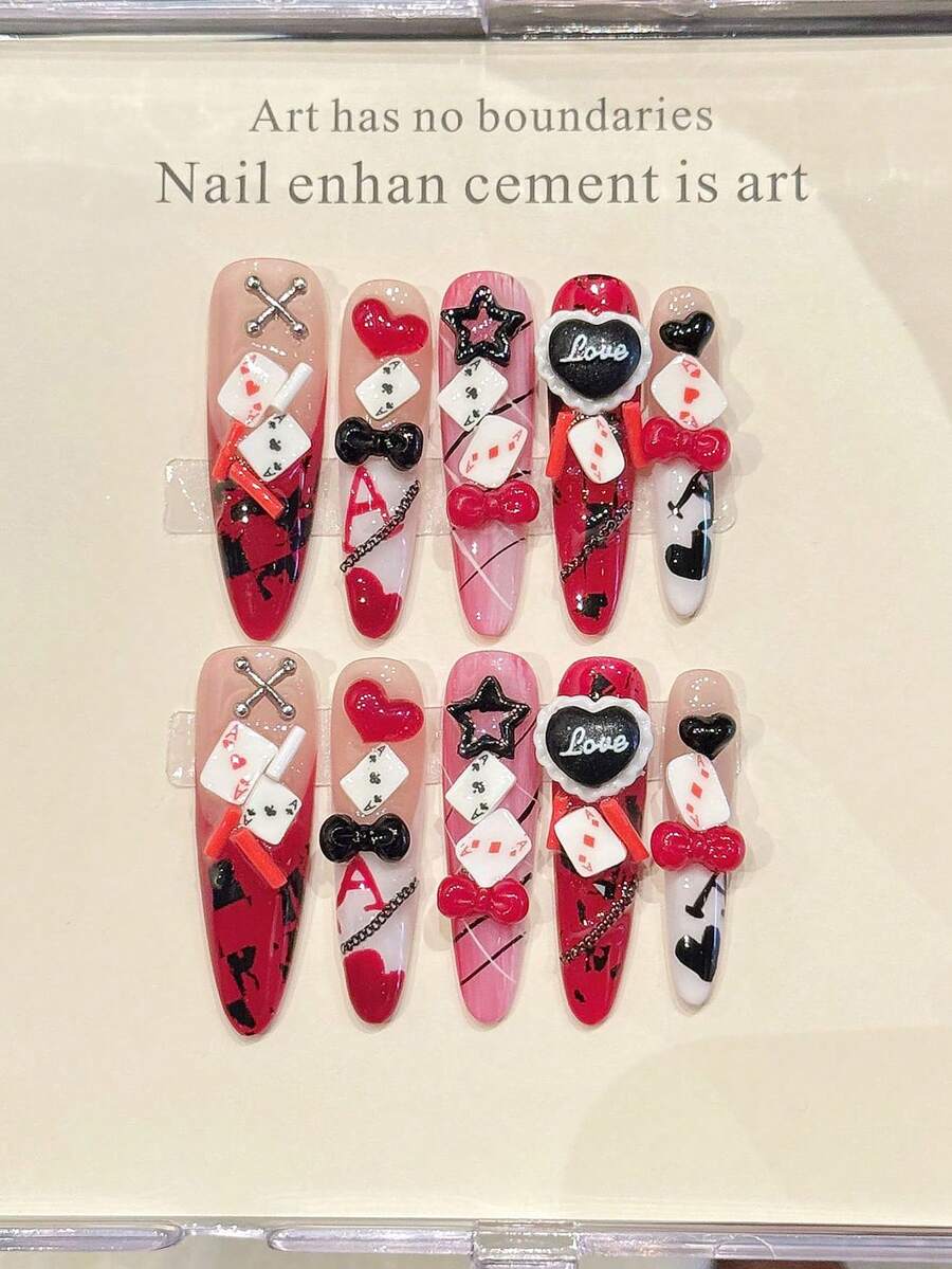 10片Y2K辣妹手工亚克力按压式美甲贴片，3D扑克牌、爱心、星星、蝴蝶结和“爱”字图案，金属配件，长款尖头假指甲，情人节美甲，音乐节美甲，DIY美甲用品，可重复使用，附赠果冻胶和指甲锉 - 玫瑰紅 - 查看 1