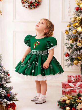 Vestido de fiesta de princesa con mangas abullonadas y copos de nieve para niñas bebé, adecuado para fiestas de Navidad