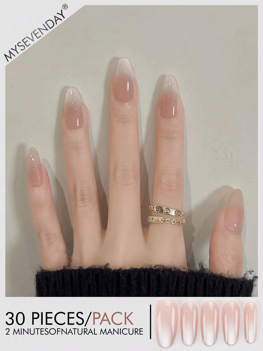 30片杏仁形/简约杏粉色美甲贴纸，亚克力假指甲套装包含1瓶甲油胶和1把指甲锉，适合女性日常工作、学习、聚会、派对、节日以及秋冬季日常美甲用品。 - 彩色 - 查看 1