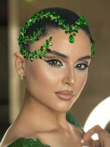 1 pièce Bandeau de mariée étincelant fait à la main avec strass, accessoire de cheveux pour mariée, demoiselle d'honneur, convient pour fête, bal de promo, cadeau de fête des Valentine - Vert - Voir 5