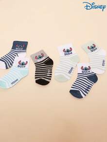 Disney 5 Pairs Stitch Cartoon Cute Personalized Kids Socks, Funny Fashion Casual Comfortable Odor-Resistant Moisture-Wicking Student Socks, Practical And Stylish, Patterned Sweat-Absorbing Low-Cut Socks Suitable For Daily Wear, Back To School And Holiday Gifts, Fast Delivery, Christmas Gift For Kids