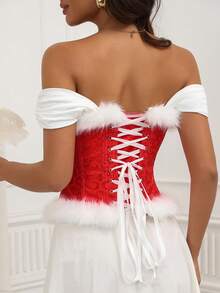 New Palace Style Off-Shoulder Fishbone Shapewear, Front Chest & Hem Fluffy Trim, Red & White Christmas Top - Red and White - View 2
