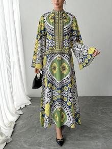 1 chiếc đầm nữ, in hoa toàn thân, tay áo hình lá sen lớn, khóa kéo sau, đầm dài màu vàng kiểu dáng thường ngày, đầm Ả Rập thanh lịch dành cho nữ, đầm dạ hội sang trọng cho các lễ hội và kỳ nghỉ, trang phục Ả Rập, áo choàng dài mùa thu đông cho nữ dịp Eid - Màu vàng - Xem 5