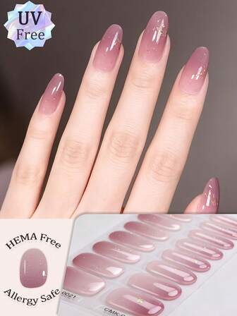 16 Tips UV Free Gel Nail Wraps, Gentle And Sweet Autumn And Winter Soft Light Pink Purple Gradient Crystal Nail Stickers, Soft Pink Purple Gradient With Fine Gold Foil Embellishment Design, Delicate And Gentle, Salon Quality, Hypoallergenic, Easy To Apply And Remove, Suitable For Ladies And Girls Daily Dating Party DIY Nail Art Supplies