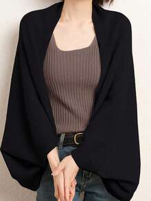 1pc Women 100% Merino Wool Poncho, Turtleneck Loose Knit Wrap Scarf, Asymmetrical Oversized Cape Shawl For Dress