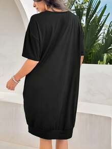 Plus Size Women V-Neck Short Sleeve Casual Solid Color T-Shirt Dress - Black - View 2