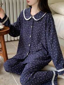 2pcs Women Pajama Set, Floral Print Crew Neck Long Sleeve Top And Floral Print Long Pants, Cute Cartoon Minimalist Style, Comfortable For Home & Leisure, Suitable For Spring, Autumn, Winter