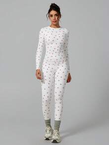 NcmRyu 1 Set Women Elastic Round Neck Printed Long Sleeve Tight Pants Sportswear Set - White - View 8