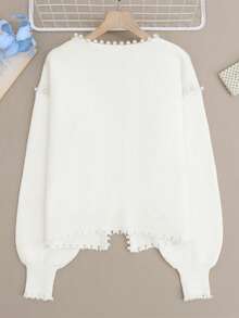Solid Plain Print Pearl Beaded Trim Decor Crew Neck Bubble Lantern Sleeve Frayed Hem Knit Cardigan For Date Daily Commuter Spring Holiday White - White - View 8