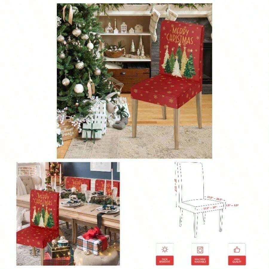 - Juego de 8 fundas de silla de comedor de Navidad, diseo de estrellas de pino de Navidad, elstico, extrable, lavable, protector de silla para comedor y decoracin del hogar - Rojo - + 4 - Ver 1