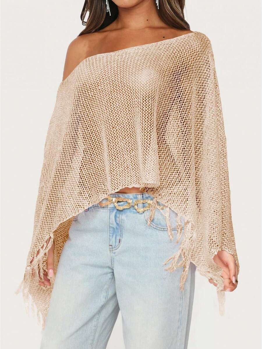 Womens Batwing Sleeve Asymmetrical Sparkly Glitter Poncho Top Crochet Hollow Out See Through Shrug Shawl Summer Beach Cover Ups With Tassel - Rượu sâm banh - Xem 1