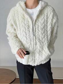 DIYIE 男士秋冬长袖保暖外套，纹理面料，抓绒内衬，秋冬长袖外套，男士简约休闲连帽开衫外套 - 杏色 - 查看 3