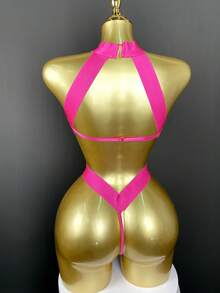 SOFUSEN 1 PCS Women's Sexy Halter Hollow Bandage Bodysuit, Shapewear Open Back Lingerie With Rings, Ideal For Valentine's  , Party Home Wear & Gift - 玫紅色 - 查看 4