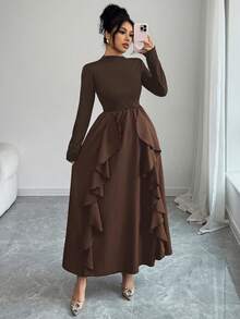 Solid Color Casual Elegant Conservative Ruffle Hem Dress, Suitable For Daily, Festivals, Birthday Parties, Valentine's Day And Other Occasions In Autumn - Coffee Brown - View 2