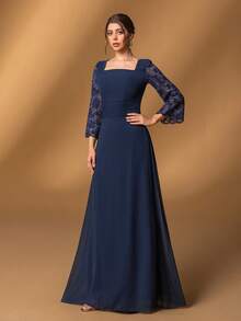 Faeriesty Mosy优雅新娘母亲礼服：方领设计，蕾丝喇叭袖，A字裙摆，适合正式婚礼、盛大晚宴、豪华宴会、慈善舞会和歌剧之夜等场合。新年装扮 - 藏蓝色 - 查看 7