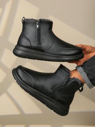 Men's Winter Snow Boots, Black Leather Zipper Short Boots, Casual Commuter Boots