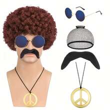 European & American Men's Rock Hairstyle Wigs, Suitable For Halloween, Disco, Hippie, 80s, Punk, Curly Synthetic Hair Punk Costume Set - Multicolor - View 10