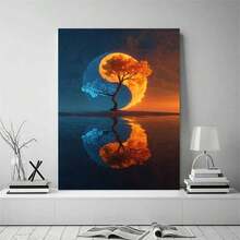 [2D Flat] 1Pc Framed Ready To Hang, Retro Graffiti Tree Tree Of Life Scenery Canvas Wall Art, Modern Abstract Yin Yang Tree With Reflection Posters Painting Pictures Wrapped Framed Print, Home Decor Bedroom Living Room Wall Decor For Spiritual Seekers, Balanced Art Style - Màu tím - Xem 2