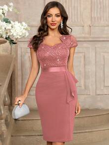 MIUSOL Sequin Lace Sweetheart Neck Ruffle Hem Cocktail Party Bodycon Dress Wedding Spring - Dusty Pink - View 4