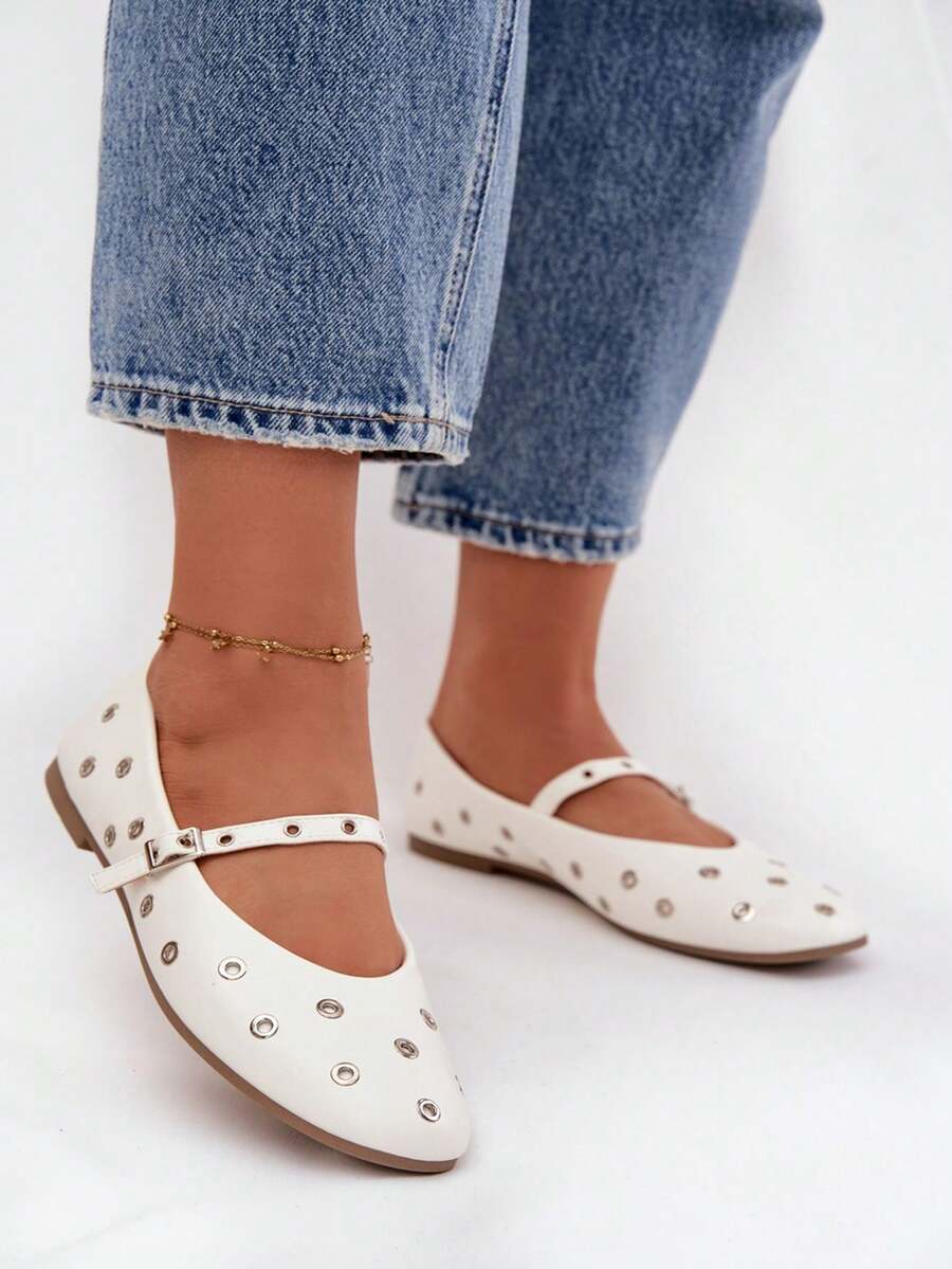 优雅的Marivon女士芭蕾舞鞋，饰有银色装饰，时尚舒适，适合日常穿着，白色米色 - 白色 - 查看 1