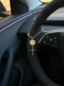 1pc Steering Wheel Decor, 15cm Adjustable Length, Minimalist, Cute, Creative Rosary Beads Car Charm Accessory, Unique Fashion Car Hanging Decoration - 綠色橢圓形盤子 + 水鑽雙十字架 - 查看 7