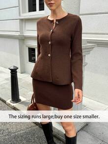 两件套女士优雅针织开衫和迷你裙套装，休闲通勤时尚装扮，秋冬季 - 棕色 - 查看 7