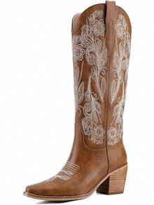 Women's Western Cowboy Boots Knee High, Floral Embroidered Vintage Cowgirl Boots With Pointed Toe & Chunky Heel, Pull-On Tabs For Country Style, Concert, Party And Daily WearChristmas - 黃褐色刺繡 - 查看 1