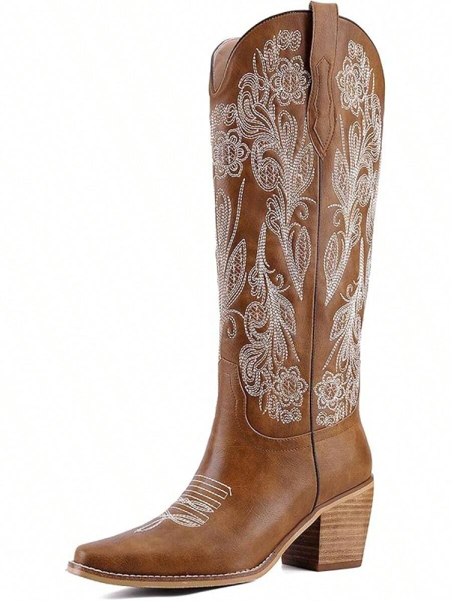 Women's Western Cowboy Boots Knee High, Floral Embroidered Vintage Cowgirl Boots With Pointed Toe & Chunky Heel, Pull-On Tabs For Country Style, Concert, Party And Daily WearChristmas - 黃褐色刺繡 - 查看 1