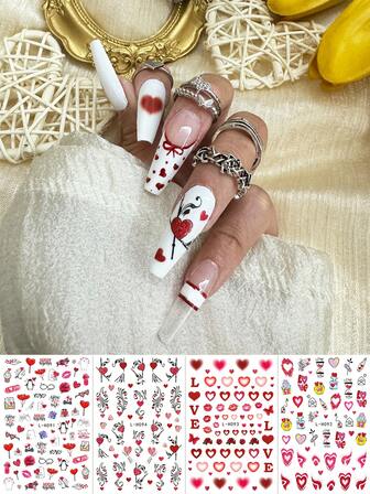 4pcs Valentine's Day Cartoon Heart Glitter Nail Art Stickers - Various Hearts, Flower Designs, Art Stickers, Matte Finish, Music Festival, Wedding Season, Carnival Theme, Easy To Apply Nail Decoration, DIY, Gift, Wedding Party Makeup