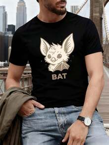 Herbstliches Baumwoll-T-Shirt mit Fledermausmotiv, Rundhalsausschnitt, lockere Passform, lässig, einzigartiger Grafikdruck - Schwarz - Übersicht 1