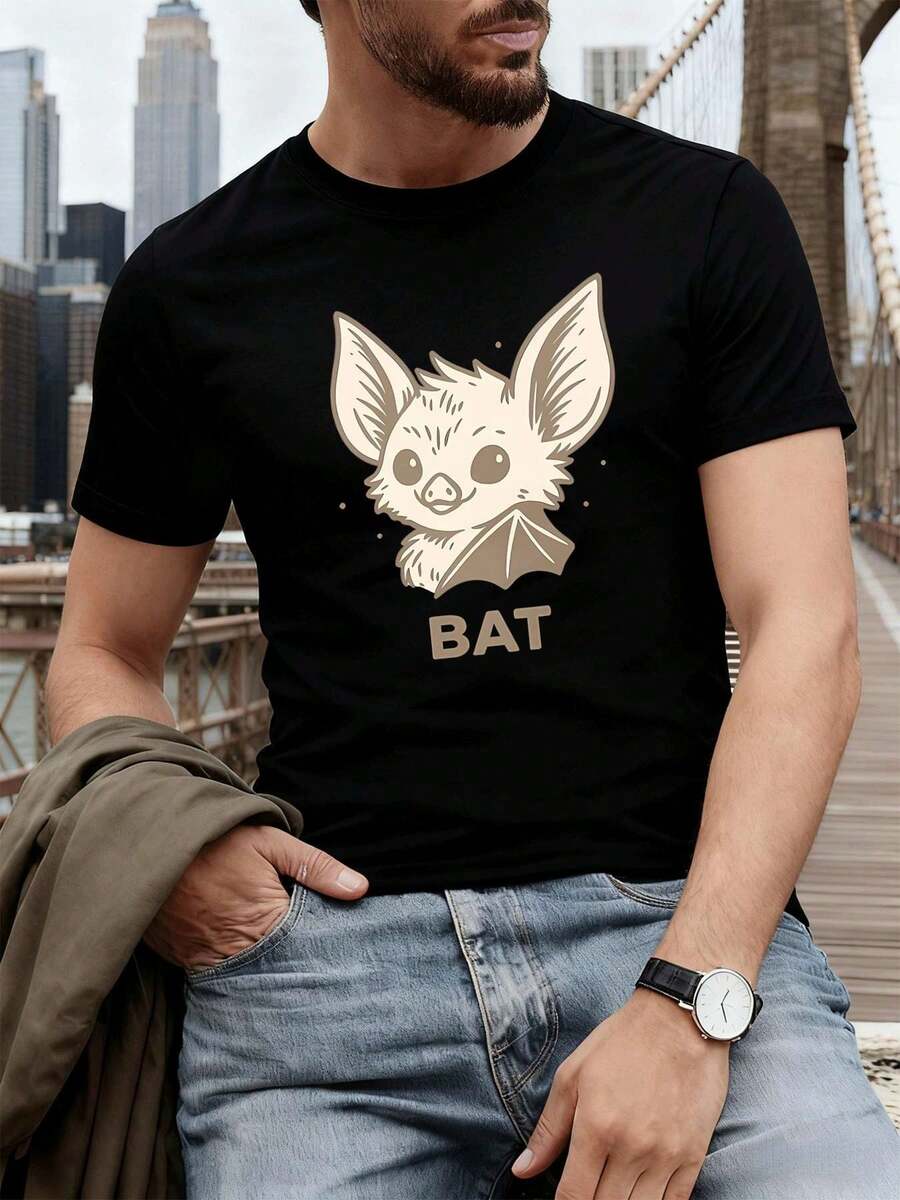 Herbstliches Baumwoll-T-Shirt mit Fledermausmotiv, Rundhalsausschnitt, lockere Passform, lässig, einzigartiger Grafikdruck - Schwarz - Übersicht 1