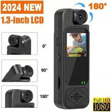 1个1080p迷你随身摄像头，1.3英寸屏幕，180°旋转镜头，可佩戴于身体，小巧便携，红外夜视，适用于自行车。