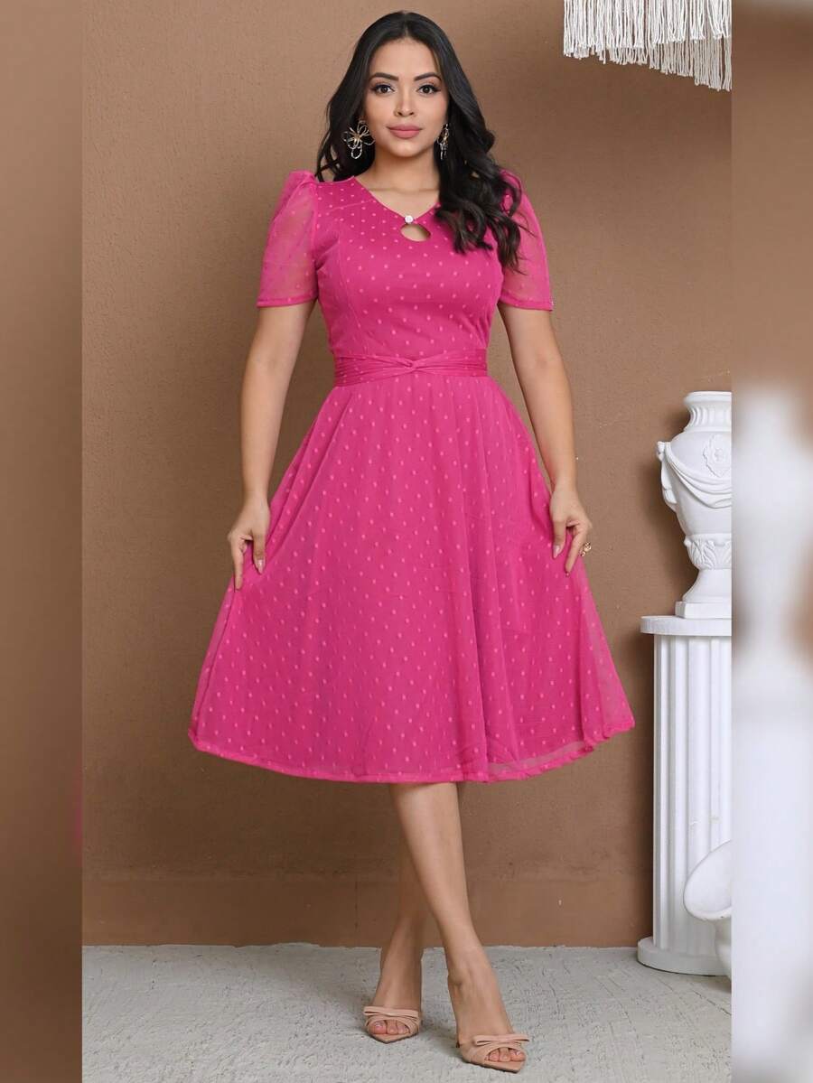 Vestido Midi Tule Poá com Manga Transparente e Botão Pérola Elegante Moda Evangélica Feminina – Santa Modas
