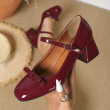 Women's Bow Mary Jane Flats, PU Leather Mary Jane Shoes For All Seasons - Burgundy - View 1
