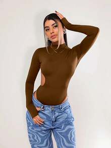 Women's Long-Sleeved Backless Bodysuit In Cool Fabric, Fashionable Blogger Style, Basic - Rust Brown - View 2