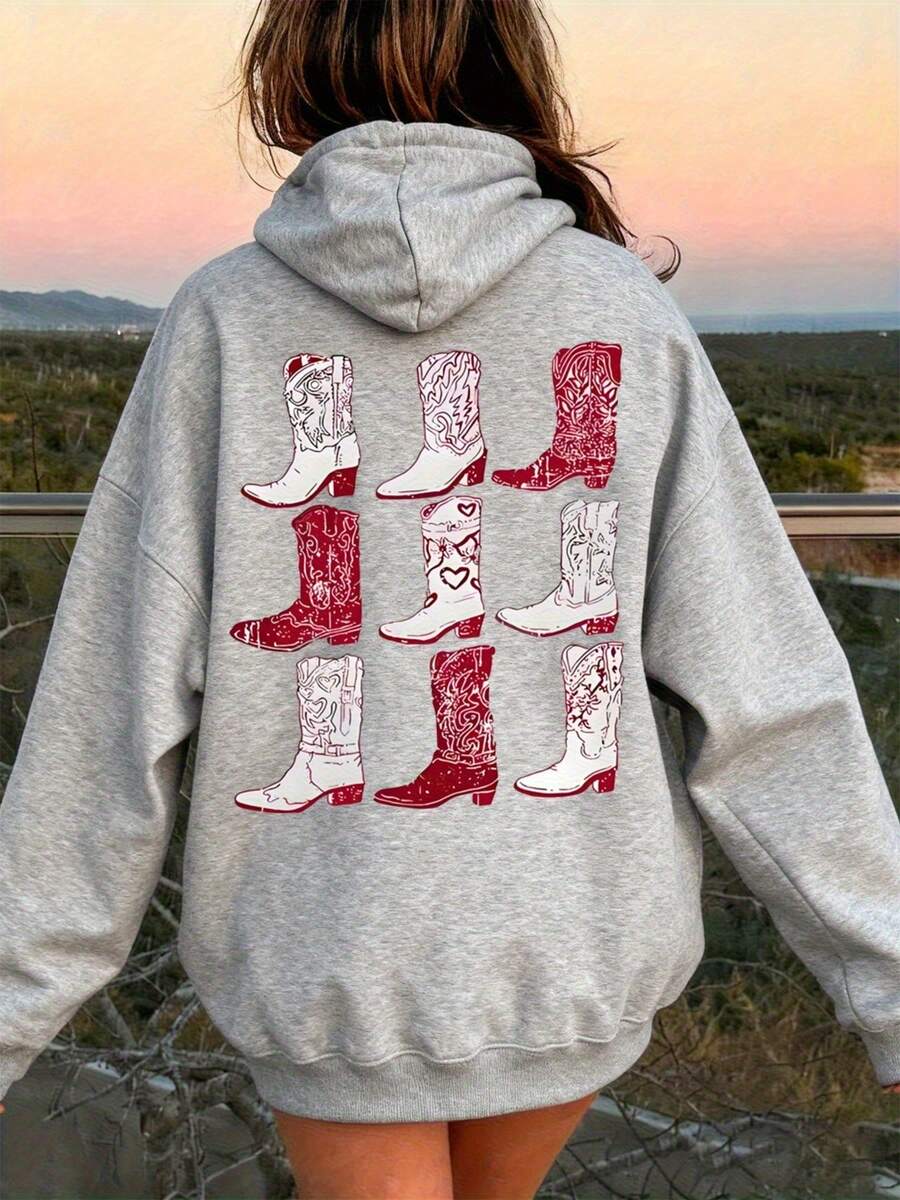Cowboy Boot Pattern Graphic Hoodie Western Style Print Long Sleeve Pullover Sweatshirt For Women Country Music Festival Outfit Casual Wear - 淺灰色 - 查看 1