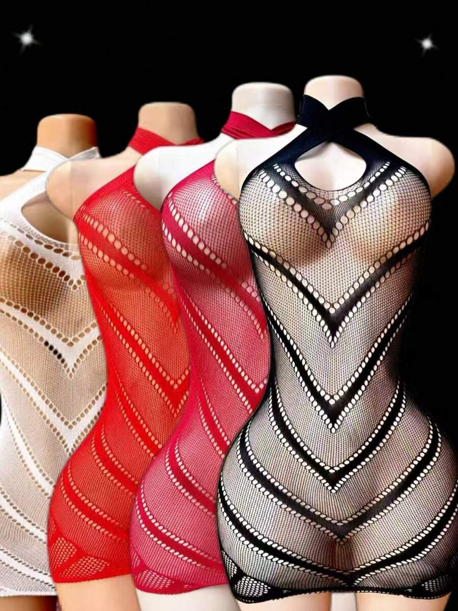 4 piezas Vestido de mujer con diseño hueco, lencería sexy de red para noche romántica