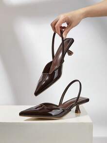 Zapatos de tacón de aguja de piel patentada de unicolor para mujer, elegantes sandalias de tacón alto de punta fina, tacones altos con correa de tobillo de moda, zapatos de vestir para ocasiones formales, bodas y fiestas - Café integral - Ver 5