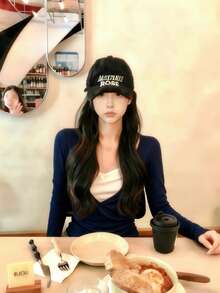 优雅V领蝴蝶结蕾丝二合一T恤，修身款，女士秋冬打底衫 - 藏蓝色 - 查看 5