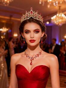 4件套巴洛克红钻皇冠首饰套装 - 水晶皇冠 + 镂空水钻项链和耳环套装，女王级新娘、婚礼、宴会配饰