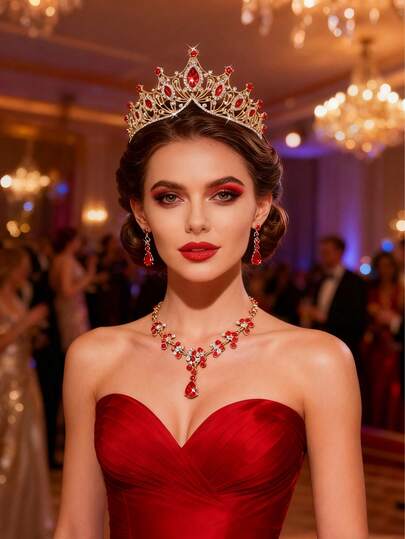 4件套巴洛克红钻皇冠首饰套装 - 水晶皇冠 + 镂空水钻项链和耳环套装，女王级新娘、婚礼、宴会配饰