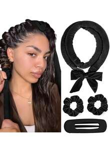 4 件装免加热卷发器，无需加热即可佩戴入睡，超柔软丝带包裹，适合长发，包含发圈和发夹，适合所有发质，可过夜使用。 - 黑色 - 查看 2