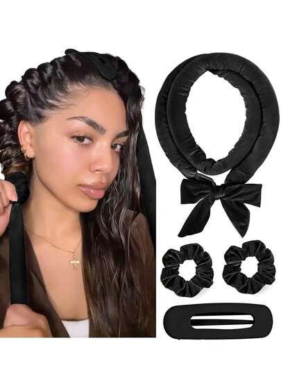 4 件装免加热卷发器，无需加热即可佩戴入睡，超柔软丝带包裹，适合长发，包含发圈和发夹，适合所有发质，可过夜使用。