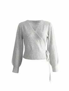2025 Autumn/Winter Wrap Tie Knit Sweater, White, Women's Essential For Home, Commute, Date, Travel, Suitable For Various Occasions, Light Gray