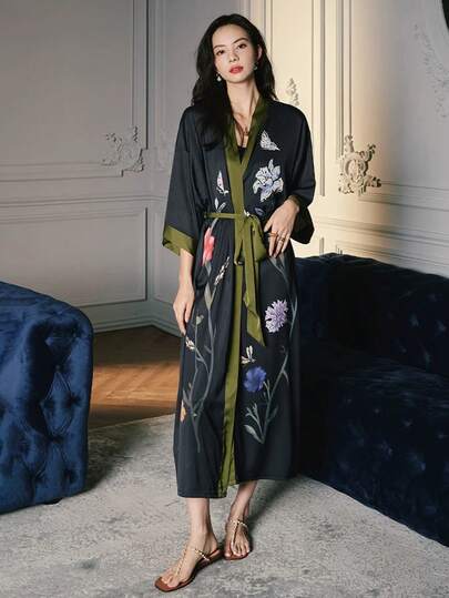 Lång kimono med knytning i midjan, sommarbaddräkt, lös och elegant mode, pendlartryck, överdrag för stranden